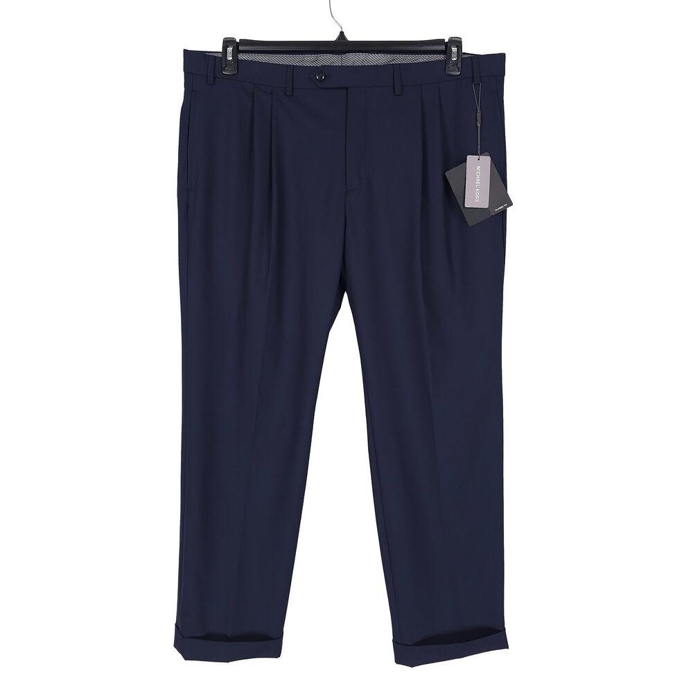 Michael Kors Mens Classic Fit Dress Pants 36x30 Navy Blue Solid Stretch Pleated - Picture 6 of 12